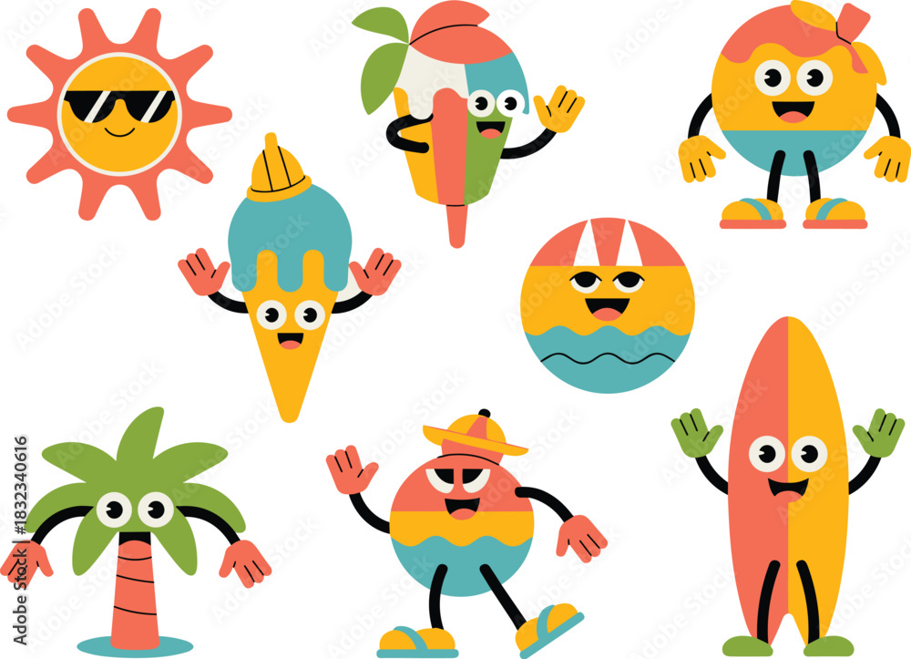 Fototapeta premium Vibrant, groovy, retro summer characters vector illustration of happy anthropomorphic sun, palm tree, melting ice cream, joyful surfboard, and tropical beach icons enjoying vacation and holiday leisur