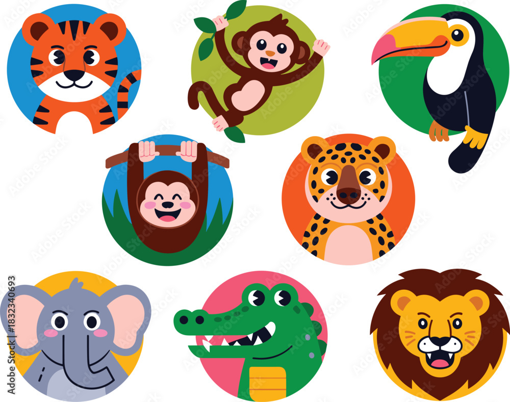 Naklejka premium Collection of cute cartoon safari and jungle animal avatar icons, featuring detailed flat design illustrations of a playful lion, tiger, monkey, elephant, leopard, toucan, and crocodile head portraits