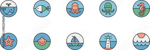 A colorful minimalist ocean life icon set detailing aquatic creatures like the whale, fish, octopus, and seahorse, alongside nautical symbols such as a lighthouse, sailboat, and starfish, perfect for