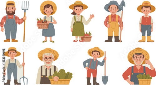 Diverse happy farm workers and family members, including man, woman, senior, and children, holding fresh organic vegetables, pitchforks, and shovels, standing in a cheerful vector illustration for agr