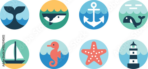 Collection of eight minimalist flat design nautical icons featuring ocean sea life symbols like whales, starfish, seahorse, anchor, sailboat, and lighthouse, used for summer travel vacation branding w