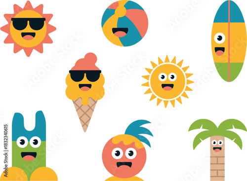 Vibrant tropical summer vacation icons set featuring cute happy sun, delicious melting ice cream, playful beach ball, green surfboard, and fun palm tree elements, rendered in a modern flat design vect