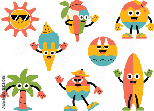 Vibrant, groovy, retro summer characters vector illustration of happy anthropomorphic sun, palm tree, melting ice cream, joyful surfboard, and tropical beach icons enjoying vacation and holiday leisur