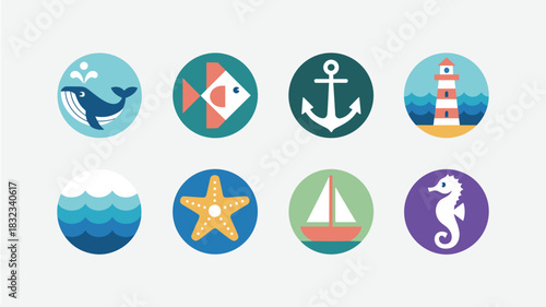 Collection of flat design marine and nautical icons featuring a whale, geometric fish, anchor, lighthouse, sea waves, starfish, sailboat, and seahorse symbols, great vector graphics for travel app web