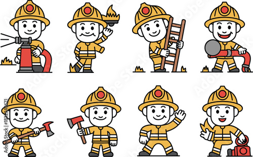 Collection of eight cute firefighter mascots and cheerful emergency rescue worker icons using professional tools like a water hose, safety axe, and ladder, perfect for educational materials and websit