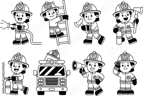 Firefighter cartoon character emergency rescue outline illustration set collection, featuring cute fireman firewoman figures performing duties with essential safety equipment including fire truck, hos