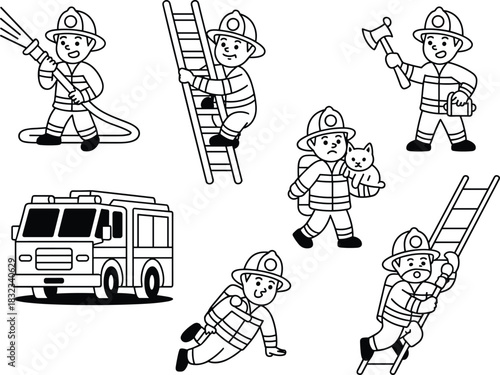 Cute cartoon firefighter heroes engaged in emergency rescue work including climbing a ladder, using a water hose, saving a cat, and holding an axe, next to a fire truck vehicle doodle illustration for