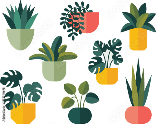 A stylish collection of modern geometric flat design vector illustrations showcasing diverse potted indoor houseplants and lush tropical green foliage, ideal graphic elements for contemporary home dec