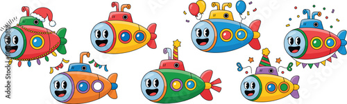 Seven vibrant collection of happy cartoon submarines and cute underwater vehicles in a retro 1930s style, celebrating holidays and fun parties with balloons, confetti, and Santa hats, ideal for playfu