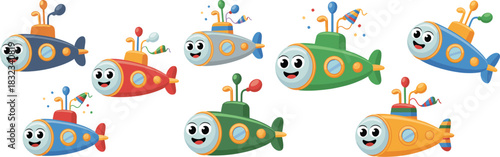 Eight colorful cute cartoon submarine characters smiling collection set, vector illustration of underwater vessels, nautical exploration, and sea travel transportation, cheerful design, perfect for ch