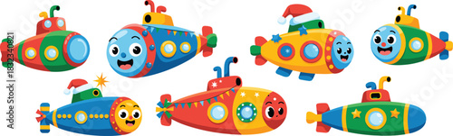 A large, colorful collection of seven cheerful cartoon submarine characters designed in a cute vector illustration style, featuring bright primary colors, happy smiling faces, Christmas hats, and fest