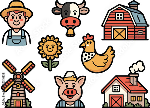 Cute cartoon farm life vector illustration set featuring smiling agricultural worker characters, happy livestock cow, pig, and chicken mascots, traditional red barn, house, and windmill structures, pe