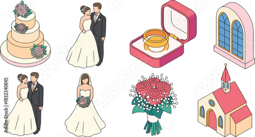 Isometric vector wedding and marriage celebration icon set featuring standing bride and groom couple, traditional church architecture, tiered floral cake, golden rings in a box, and romantic rose bouq