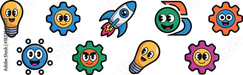 Colorful set of cute cartoon vector symbols illustrating innovation, technological development, and science concepts, featuring expressive lightbulb ideas, engineering gears, launching rocketships, an