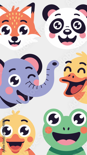 Wallpaper Mural A cute collection of smiling happy baby animal faces featuring a cheerful fox, friendly panda, purple elephant, yellow duckling, and green frog, a joyful flat vector cartoon illustration set for child Torontodigital.ca