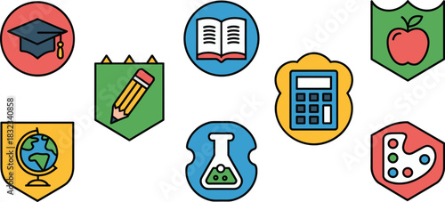 A vibrant collection of educational icons and learning subject symbols including graduation, science, chemistry, mathematics, literature, art, and geography; colorful vector graphic flat design asset