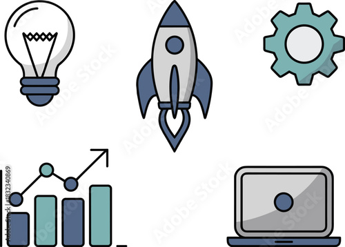 Conceptual lightbulb, powerful startup rocket, mechanical gear, insightful bar graph chart, and modern laptop representing business strategy, idea generation, technical progress, innovation developmen