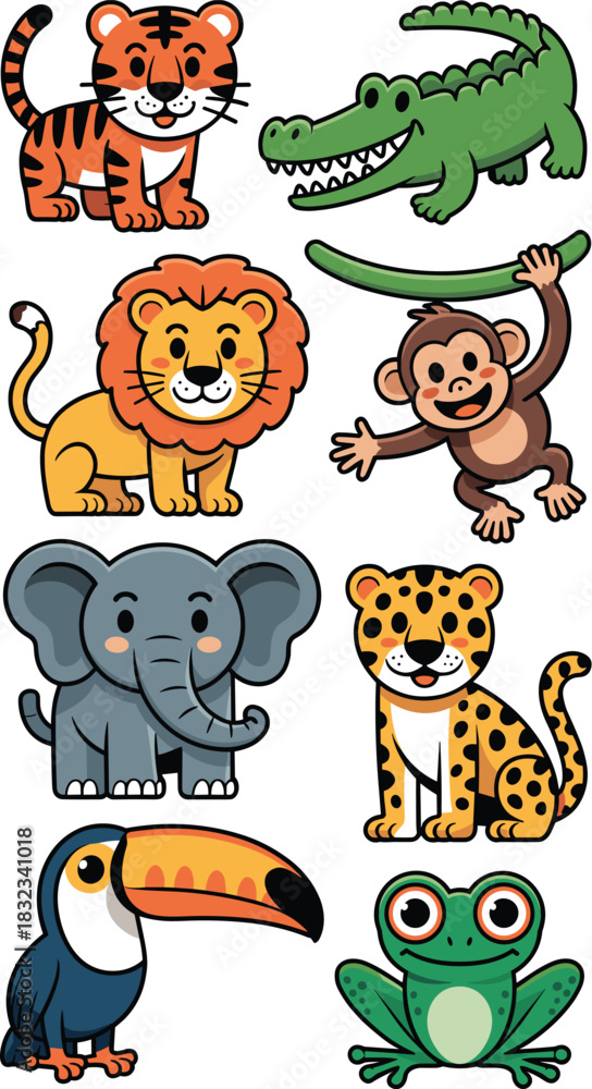 Naklejka premium Adorable cartoon African safari and exotic jungle animal character vector collection including the elephant, leopard, roaring lion, smiling tiger, toucan, playful monkey, happy frog, and crocodile, is