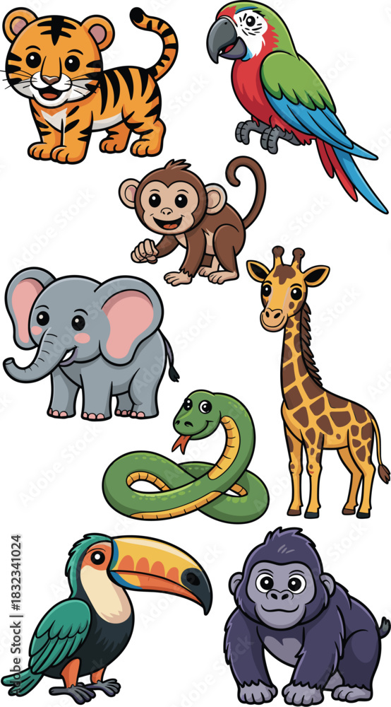 Naklejka premium Vibrant collection of cute cartoon tropical and safari animals including a baby tiger cub, smiling elephant, funny monkey, long-necked giraffe, brightly colored macaw parrot, green snake, jungle touca