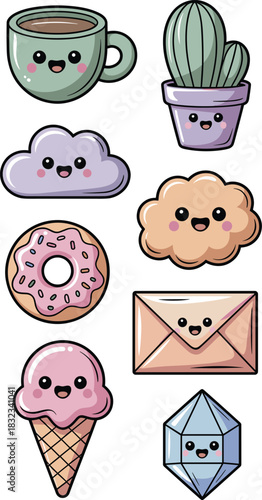 Whimsical collection of cute vector kawaii cartoon stickers featuring anthropomorphic everyday objects including a happy coffee mug, sweet donut, pink ice cream cone, purple cloud, envelope, and cactu