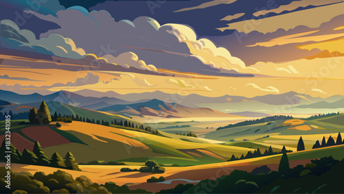 Very beautiful rolling hills and valleys under a dramatic sky, featuring warm golden-hour light, moody clouds, and soft atmospheric depth creating a peaceful and expansive semi-realistic landscape.