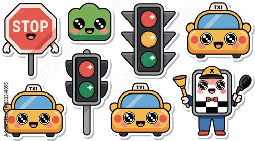 Cute Kawaii cartoon sticker collection featuring essential urban transportation and road safety elements, including anthropomorphic stop signs, cheerful yellow taxi cabs, traffic lights, and a checker