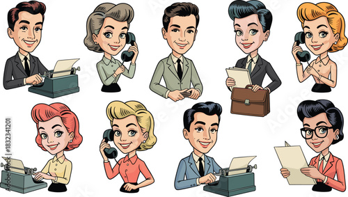 Mid-century retro business professionals illustration set featuring happy male and female office workers, administrators, and executives typing on vintage typewriters, making phone calls, and handling
