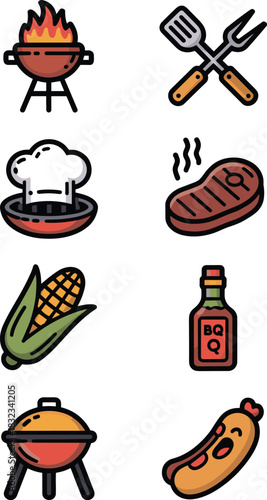 A vibrant collection of colorful barbecue and grilling icons representing a fun summer cookout party, featuring steaks, hot dogs, corn, cooking tools like spatulas, and BBQ sauce, perfect for website