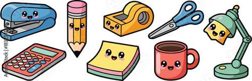 A vibrant, kawaii collection of cheerful office supplies and colorful essential desk accessories, including smiling characters like a blue stapler, sharp pencil, red calculator, stack of sticky notes,