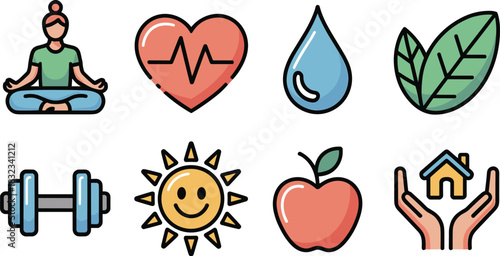 A comprehensive collection of vibrant, modern health and wellness icons featuring symbols for physical fitness, mental care, balanced nutrition, hydration, exercise, self-care, and safety, ideal for h
