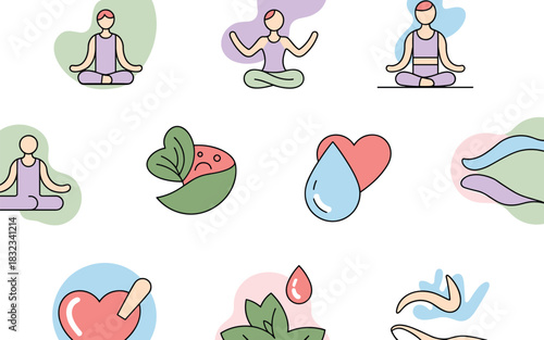 Modern wellness and self-care icon set illustration featuring yoga, meditation, hydration, diet, natural medicine, and holistic healing concepts, perfect for health app marketing, lifestyle blogs, and