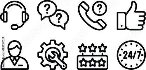 Comprehensive customer service and technical support vector icons set including headset, FAQ, phone contact, thumbs up feedback, business agent, repair tools, quality rating stars, and 24/7 availabili