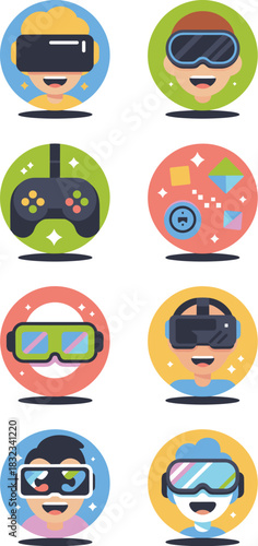 A vibrant collection of modern flat design icons illustrating virtual reality, augmented reality, and immersive gaming experiences, featuring happy youthful avatars wearing futuristic VR headsets, AR