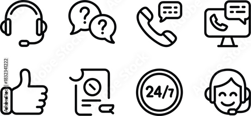 Professional customer service and technical support outline icons vector set illustrating communication, assistance, and contact center operations with symbols like a headset, call agent, 24/7 availab