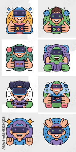 Collection of colorful flat M-style vector icons featuring diverse, happy gamers using VR headsets and gamepads, giving thumbs up; representing modern augmented reality (AR) technology, immersive elec