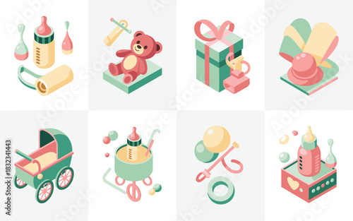 Professional isometric vector illustration collection showcasing newborn baby essentials and infant care accessories including a bottle, pram, rattle, and teddy bear toy, stylized with modern pastel c