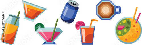 A vibrant collection of colorful mixed drinks and refreshing beverages including iced cocktails, fresh juice bottle, cold soda can, hot coffee mug, and tropical fruit smoothies, presented in a modern