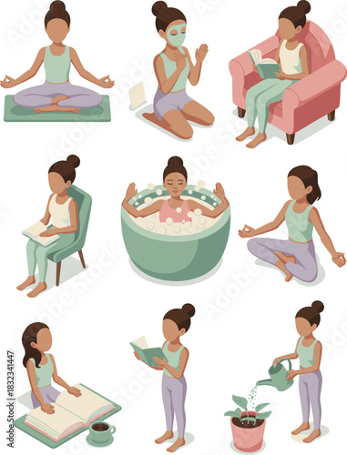 Modern isometric vector illustration of a healthy lifestyle woman performing self-care wellness activities like peaceful meditation, reading, enjoying a bubble bath spa, and gentle plant gardening, re