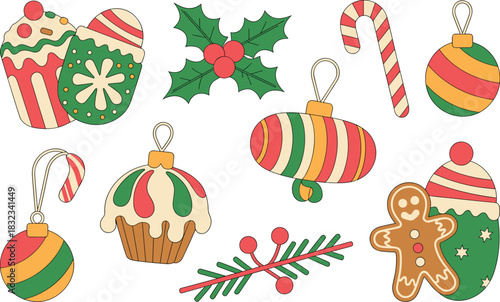 Groovy retro 70s aesthetic Christmas holiday illustration set featuring vintage seasonal ornaments, gingerbread man, holly berries, candy canes, festive sweets, and cozy winter desserts, ideal for mod