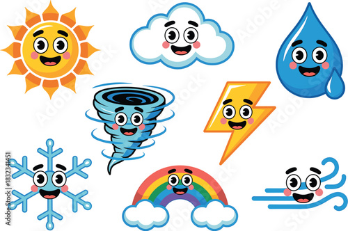 Cute collection of cartoon weather forecast icons and climate symbols featuring happy smiling characters like the bright sun, fluffy cloud, blue raindrop, icy snowflake, electric lightning bolt, stron