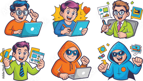 Six smiling cartoon IT professionals, young men, and students working on laptops, illustrating concepts of software development, digital marketing, web design, cybersecurity, and data analysis; a vibr