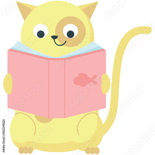 Cat with book vector. Animal and education cartoon illustration. Cute kitten reader character reading story icon isolated on white background