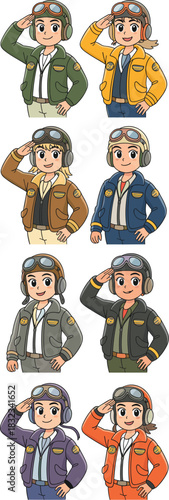 Diverse collection of happy female pilots and aviators wearing colorful bomber jackets, flight helmets, and goggles, standing in salute, ready for air travel missions, perfect professional vector illu