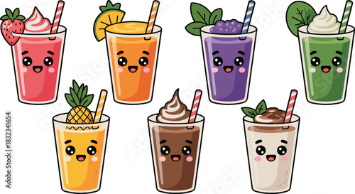 Vibrant collection of seven adorable kawaii cartoon illustrated fruit smoothies, fresh juices, and sweet dessert milkshakes, featuring strawberry, tropical pineapple, citrus orange, antioxidant purple