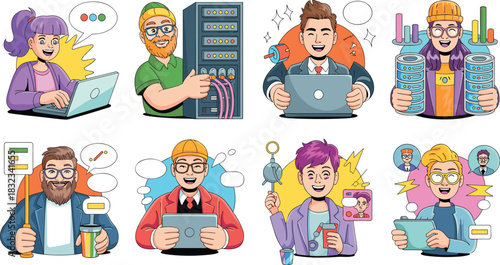 Diverse group of cheerful professional programmers, IT engineers, and tech support specialists working on data management, networking, and software development using laptops and tablets for business c