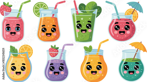 A variety of cute, vibrant, kawaii cartoon fruit smoothies and healthy vegetable juices collection displayed as fun, refreshing beverage illustrations, perfect for kids' nutrition, food blog, diet, or