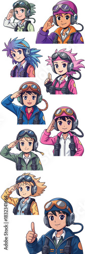 Vibrant anime manga style illustration set of youthful pilot and aviator characters wearing tactical flight helmets and goggles, performing determined salutes or cheerful hand gestures, symbolizing av