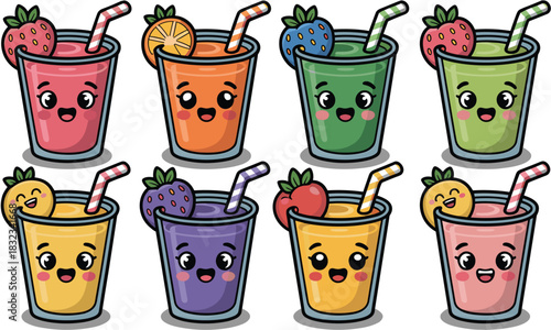 Adorable Kawaii cartoon fruit juices and healthy smoothies vector illustration set, featuring happy smiling faces on glasses of strawberry, orange, berry, and green detox drinks, perfect for vibrant n