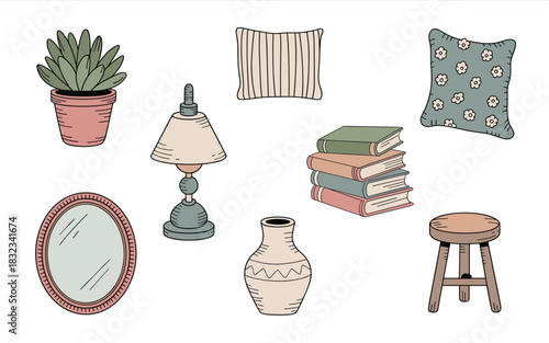 Minimalist hand-drawn home decor elements set of cute cozy interior lifestyle graphic resources, including a houseplant, stack of books, lamp, pillows, mirror, vase, and wooden stool, featuring a neut
