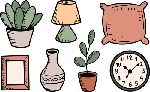 Aesthetic collection of hand-drawn home decor accessories, featuring cozy potted houseplants, table lamp, clock, vase, frame, and pillow, useful for marketing, website graphics, modern lifestyle blogs